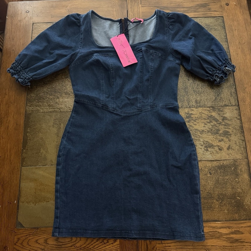 BETSEY JOHNSON Mini Denim Dress Puff Sleeve Blue Size M NEW WITH TAGS